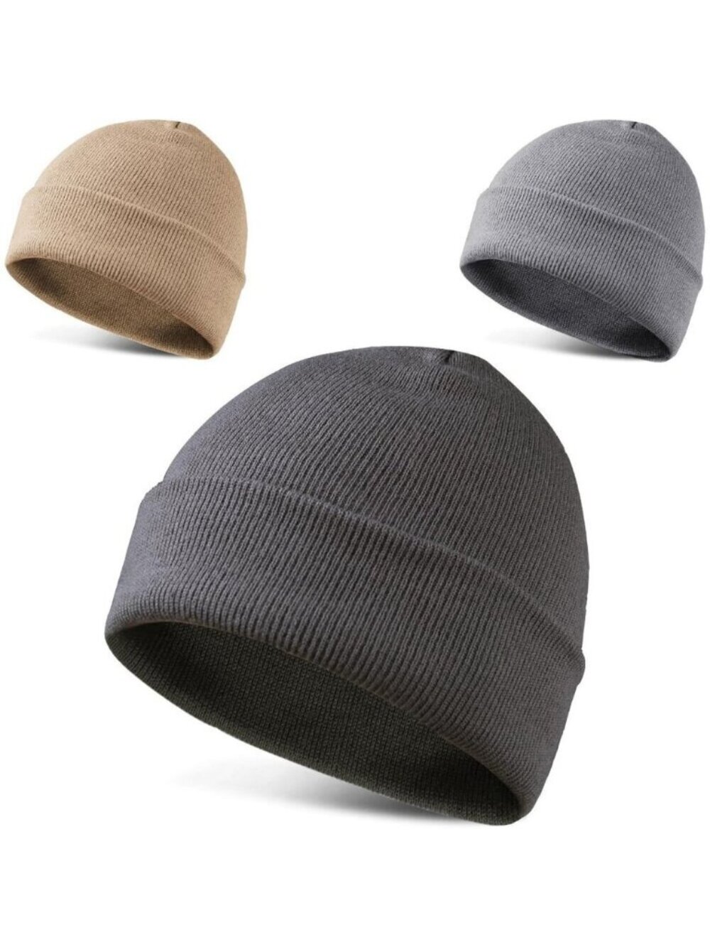 Men's 3-pack Dark-Grey Grey Tan Spring Summer Autumn Winter Slouchy Beanies Hats